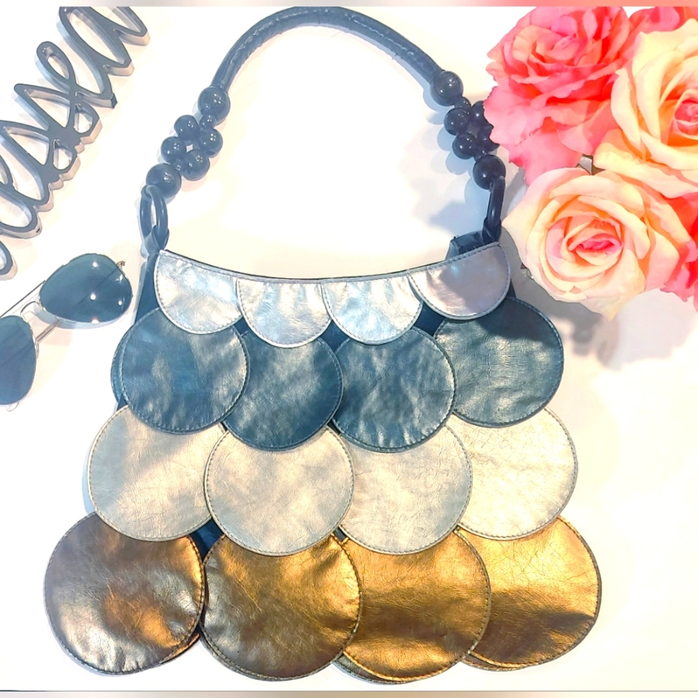 🍁 Metallic Vegan Leather Circle Flap Beaded Handle Handbag